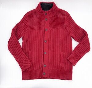 Express Sweater Womens Large Red Gray Ribbed Chunky Knit Button up Mock Neck